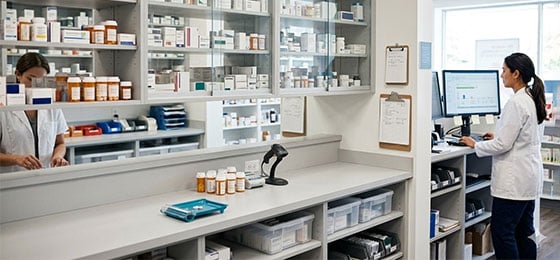 Pharmacists working behind the counter in independent pharmacy