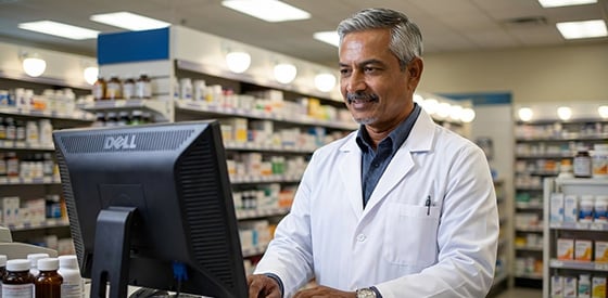 older male pharmacist at computer in pharmacy