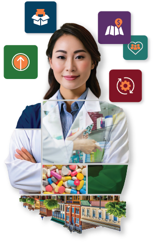pharmacist hero with ipc icons